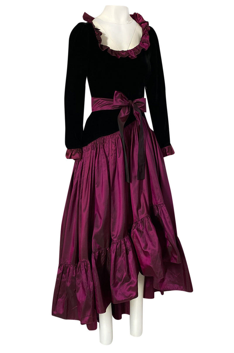 Fall 1980 Yves Saint Laurent Silk Taffeta & Velvet Dress w Asymmetrical Hem