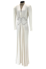 Gorgeous 1930s Off White Moss Crepe Dress w Hand Beaded 'Belt' Detailing