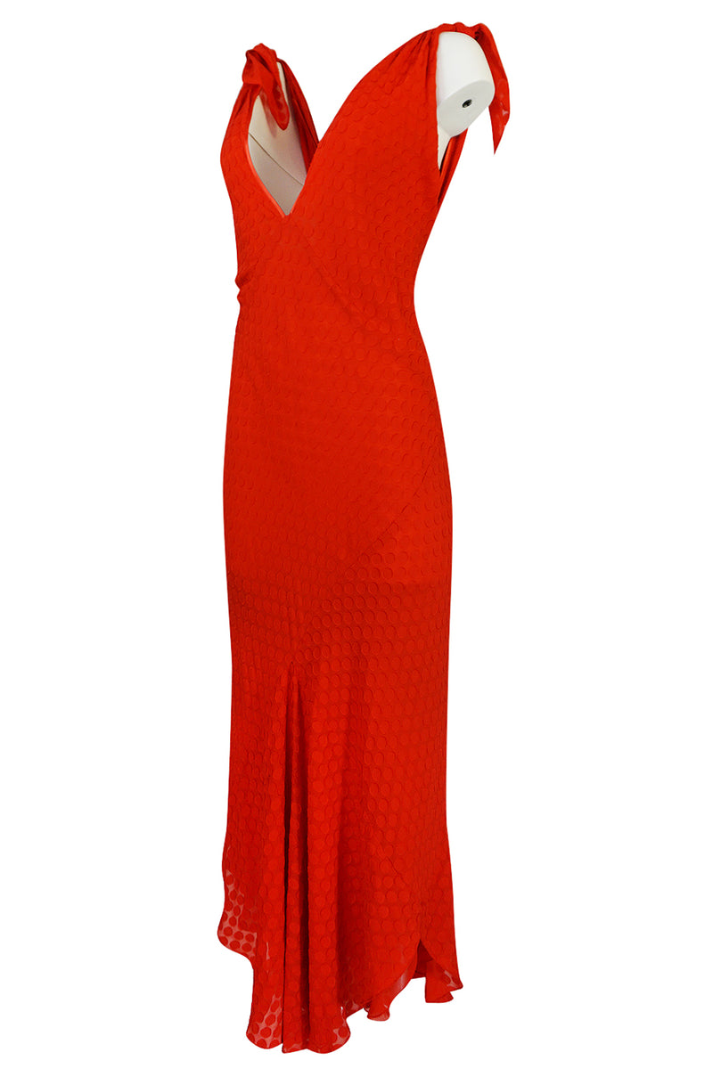 Late 1970s-1980s  Janice Wainwright Red Dotted Silk Bias Cut Dress