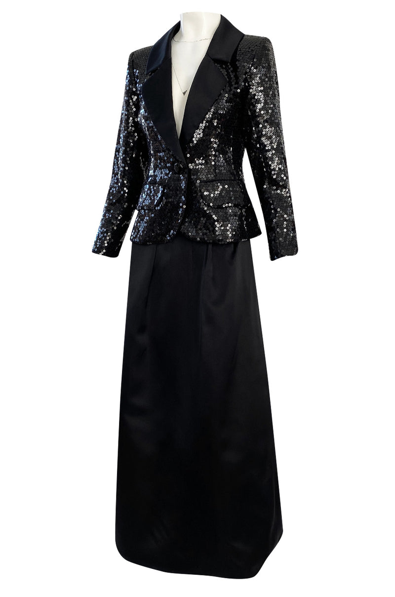 Documented Fall 1992 Yves Saint Laurent Black Sequin 'Le Smoking' Jacket Silk Maxi Skirt Set