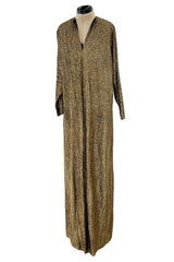 Fabulous 1970s Halston Metallic Gold & Black Lame Lurex Full Length Caftan Dress w Notched Neckline