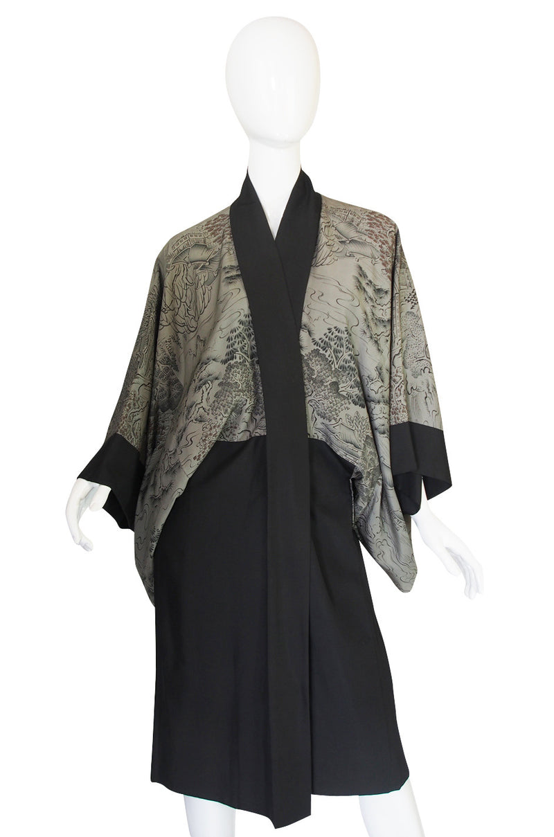 1950s Scenery Print & Black Silk Kimono