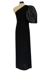 Fabulous 1980s Bill Blass One Shoulder Black Crepe & Taffeta Puff Sleeve Dress