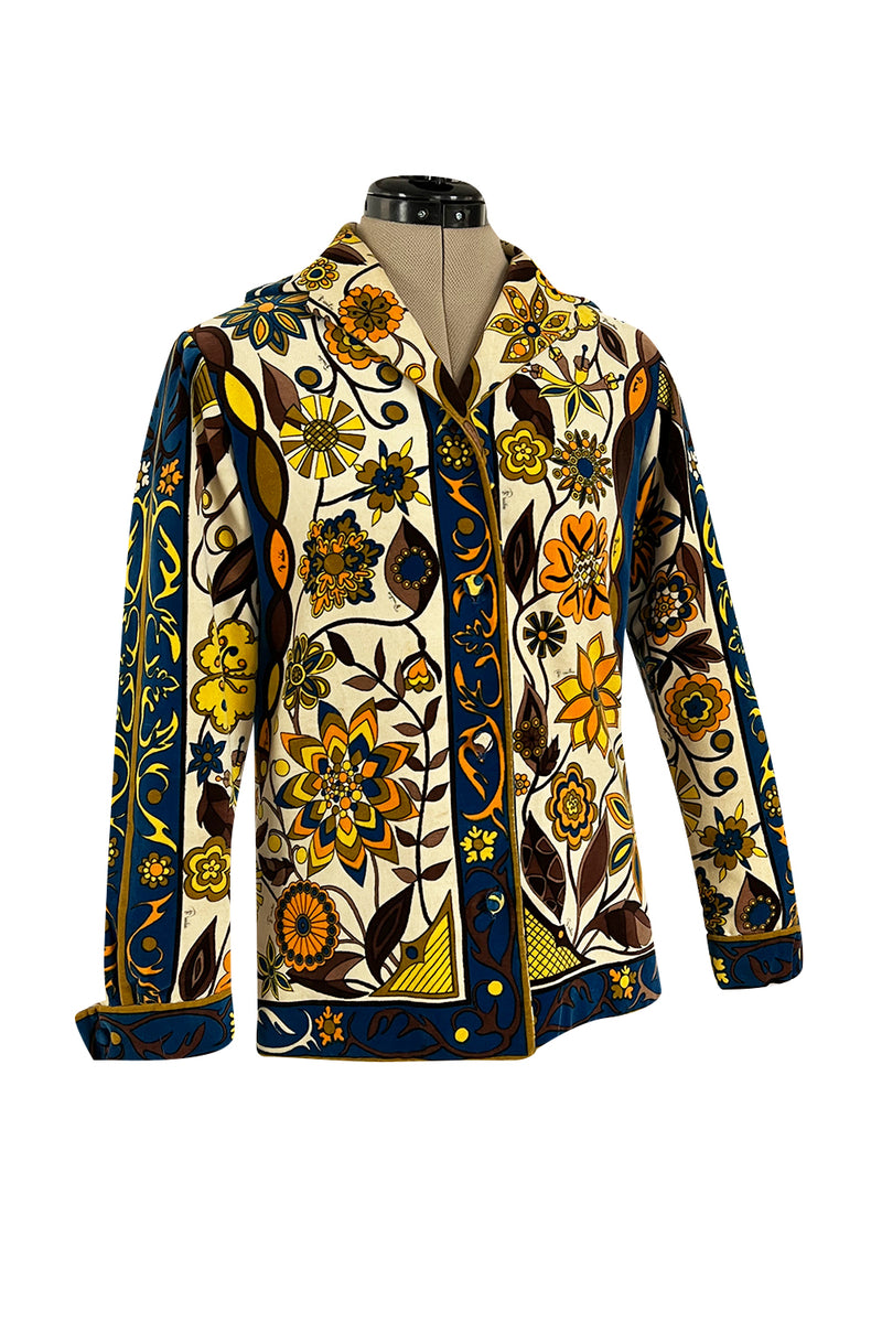 1960s Emilio Pucci Ivory, Yellow, Tan & Deep Blue Print Cotton Velvet Jacket