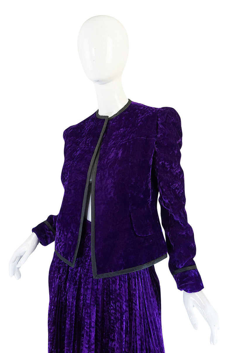 1970s Adolfo Purple Velvet Jacket & Pleated Skirt Suit