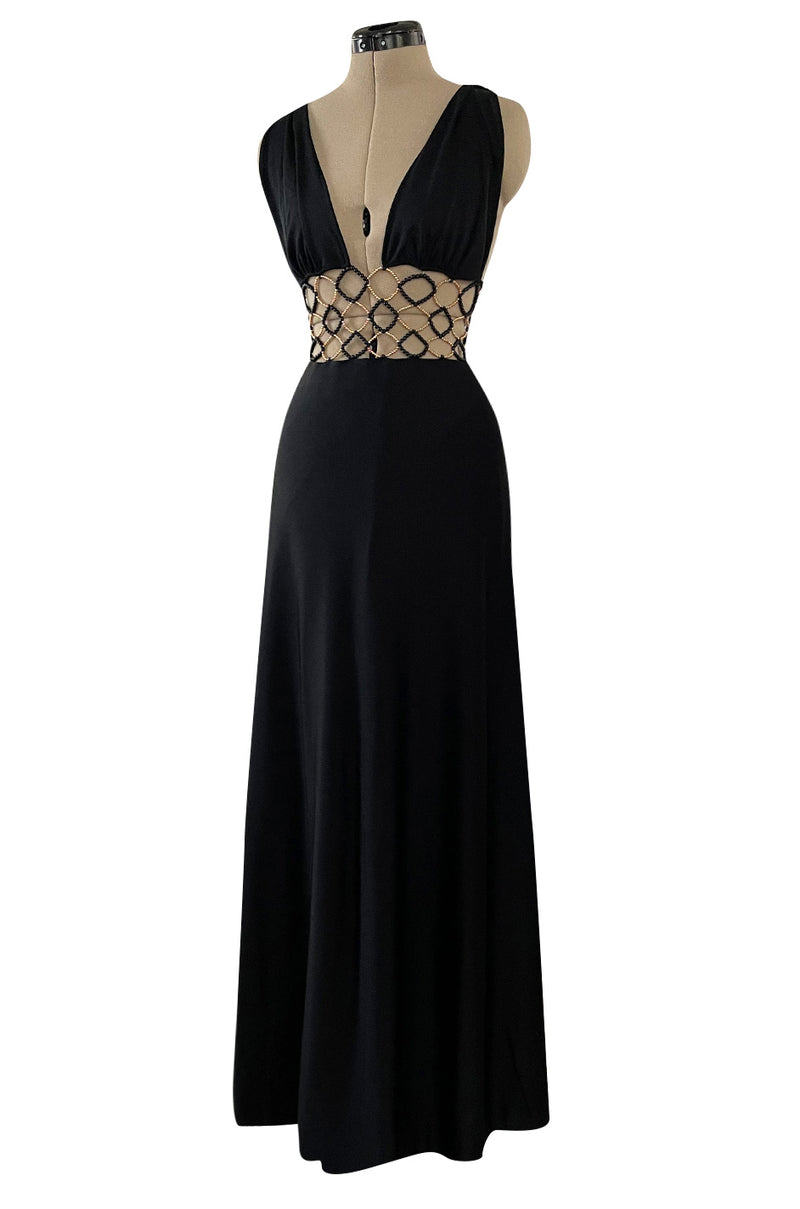 Incredible 1970s Loris Azzaro Open Gold & Black Bead Waist Dress w Halter Top & Bare Back