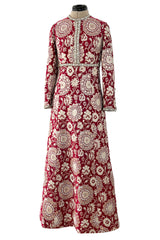 Stunning 1970s Adele Simpson Red & Gold Brocade Dress w Rhinestone Detailing