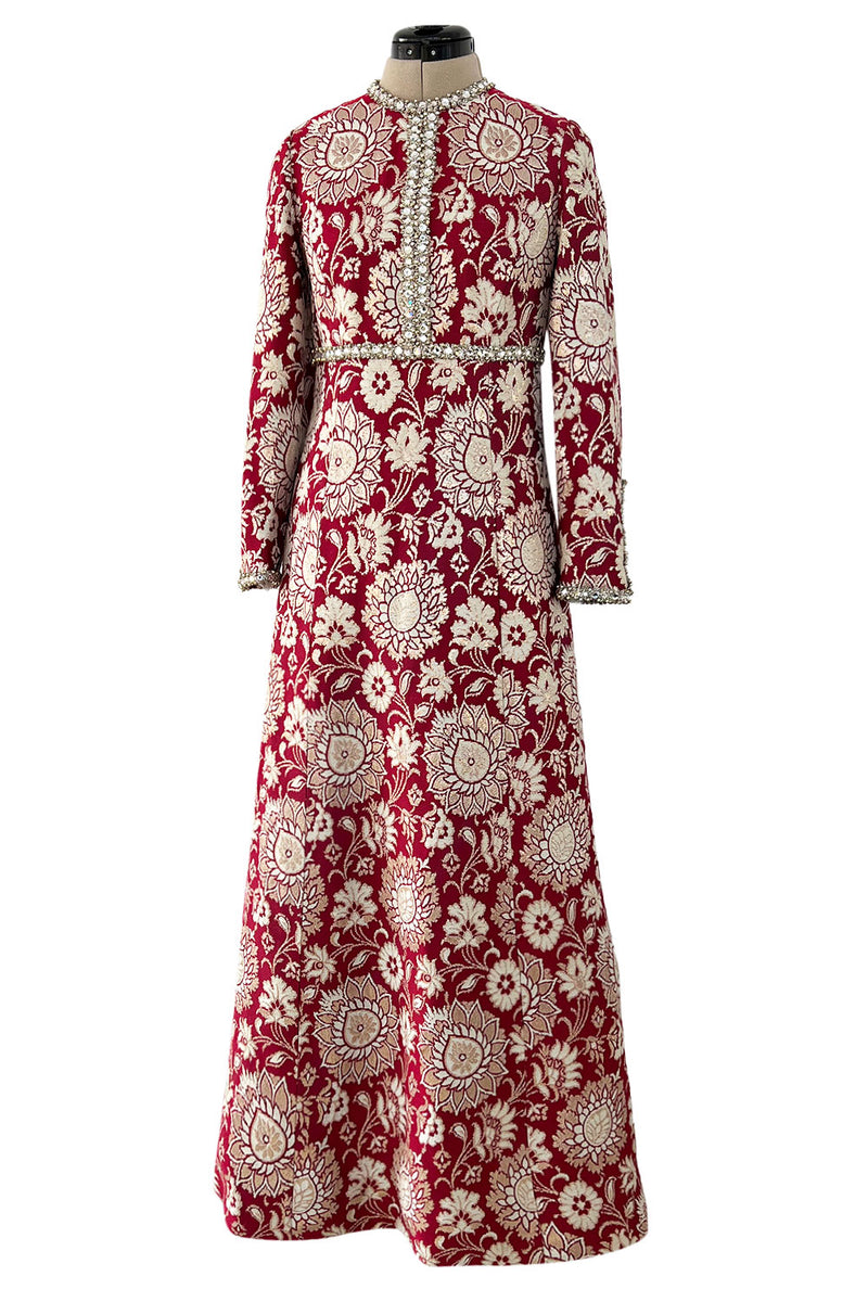 Stunning 1970s Adele Simpson Red & Gold Brocade Dress w Rhinestone Detailing
