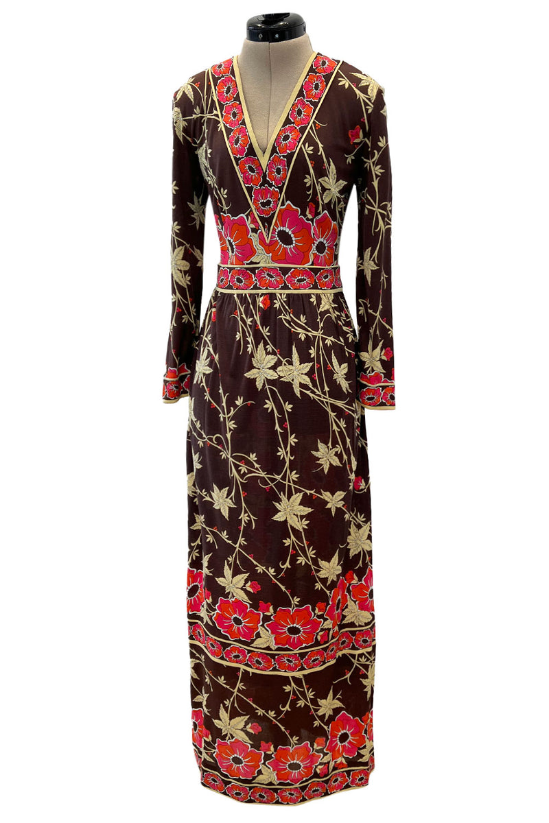 Prettiest 1970s Emilio Pucci Original Pink & Coral Floral Print Brown Silk Jersey Dress