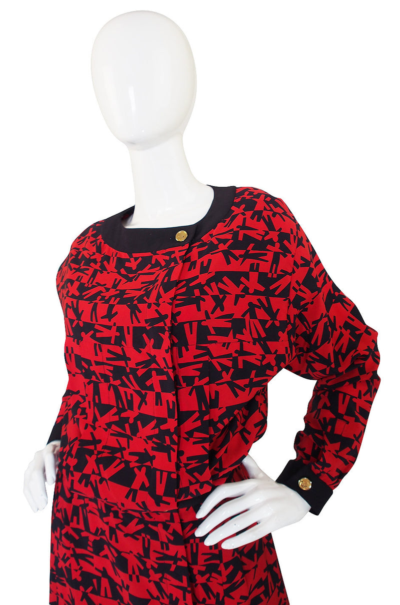 1980s Print Red & Navy Chanel Skirt and Top Set
