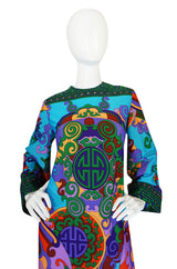 1960s Vivid Bright Printed British Colony Caftan Dress