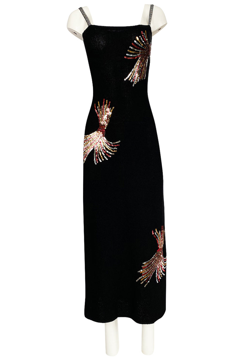 Stunning 1970s Adolfo Black Knit w Sequin & Rhinestone Detailing Dress