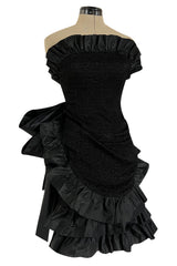 Dramatic Fall 1987 Yves Saint Laurent Strapless Silk & Taffeta Dress w Ruffles & Bow