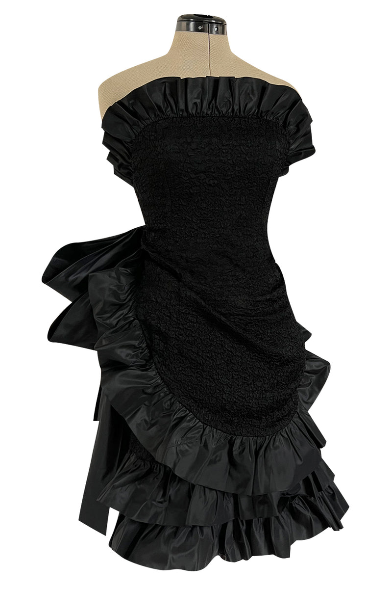 Dramatic Fall 1987 Yves Saint Laurent Strapless Silk & Taffeta Dress w Ruffles & Bow