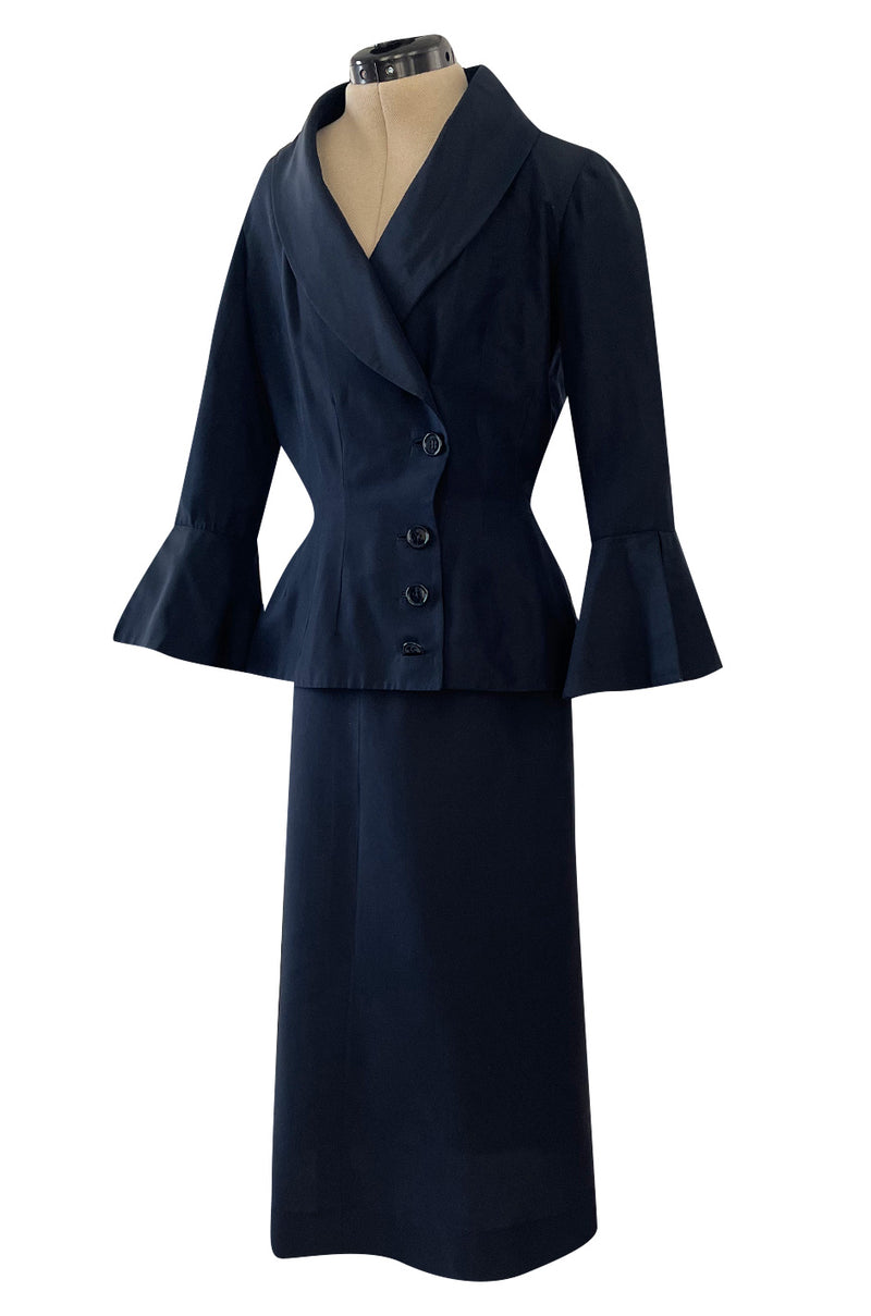 Stunning 1950s Jacques Fath Deep Navy Blue Silk Button Vent & Side Button Jacket Suit