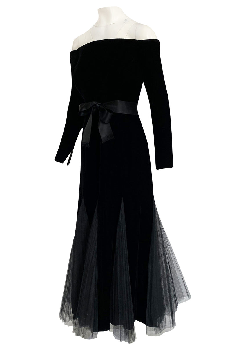 Exquisite Fall 2000 Yves Saint Laurent Haute Couture Velvet Dress w Net Inset Panels