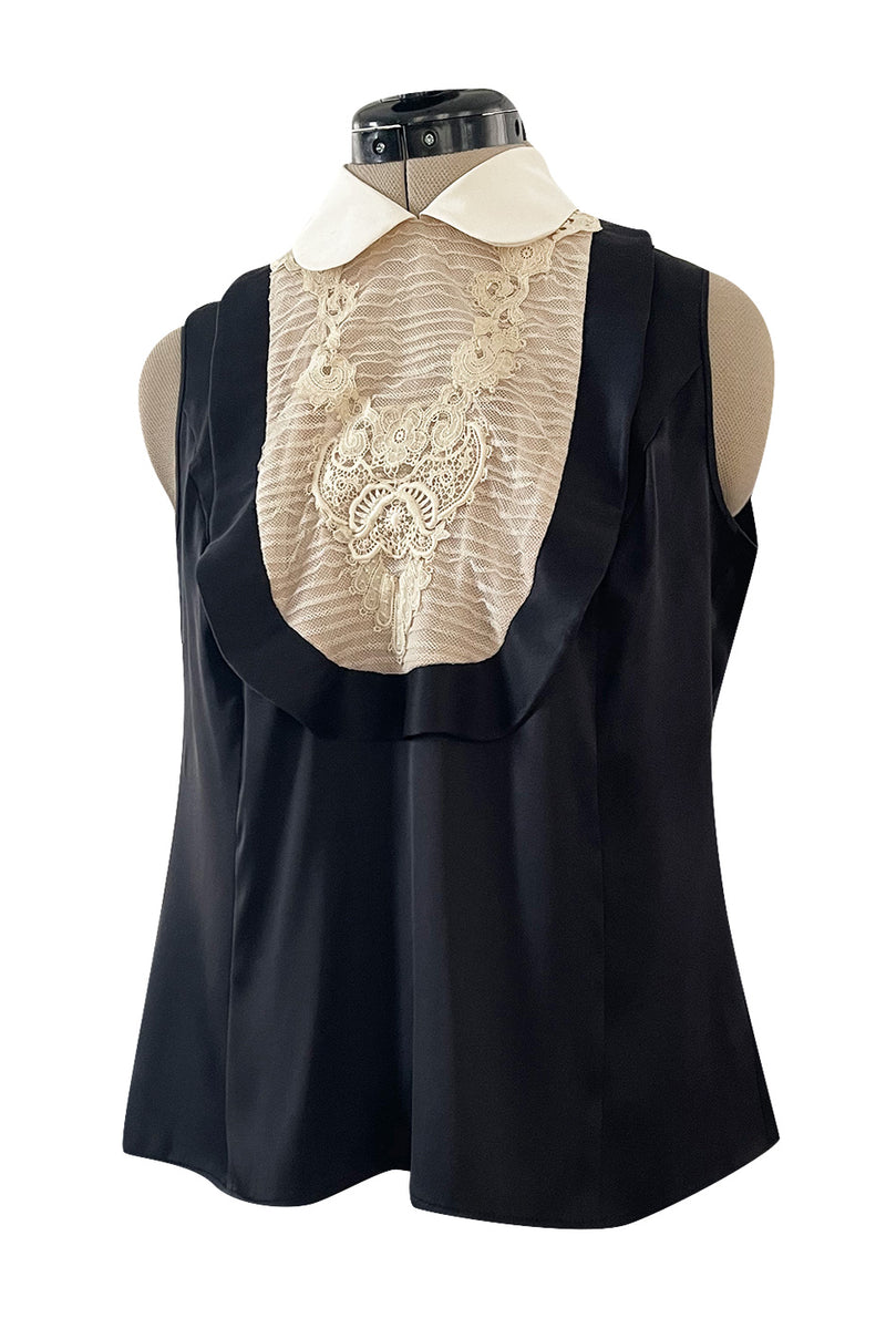 Gorgeous Upcycled Vintage Black Silk Tuxedo Feel Top w Hand Applied Lace Detailing