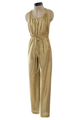 Iconic & Rare 1970s Halston Metallic Gold Lame Lurex Backless Jumpsuit