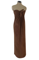Unusual 1976 Halston Deep Brown Strapless Tie Front Dress in a Soft Terry Cloth