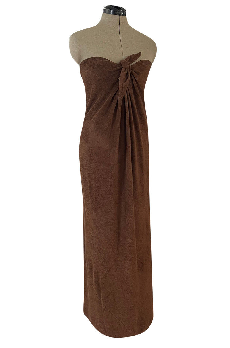 Unusual 1976 Halston Deep Brown Strapless Tie Front Dress in a Soft Terry Cloth