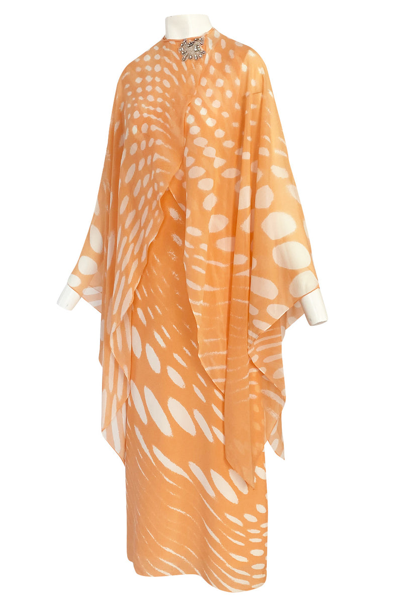 1980s Hanae Mori Pastel Tangerine & Ivory Printed Silk Chiffon Dress w Matching Chiffon Capelet