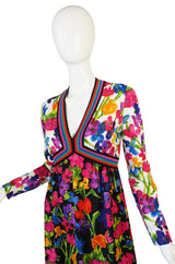 1960s Multi Color Goldworm Plunge Maxi Dress