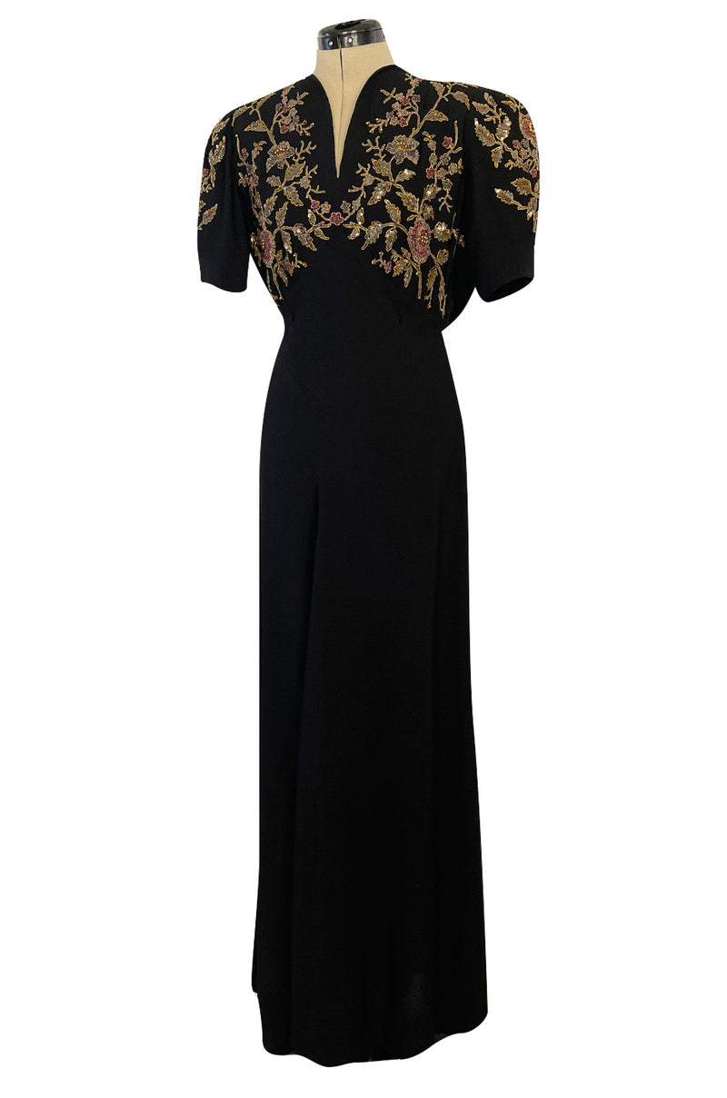 Stunning 1930s Unlabeled Moss Silk Crepe Dress w Dense Beading Sequin Shrimpton Couture Stunning 1930s Unlabeled Moss Silk Crepe Dress w Dense Beading Sequin Shrimpton Couture