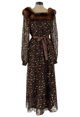 1970s Givenchy by Hubert de Givenchy Haute Couture Gold Metallic Dot on Silk Chiffon Dress w Mink Trim