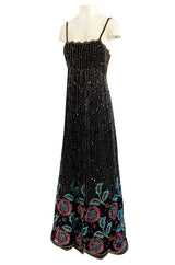 1970s Alfred Bosand Densely Beaded Sequinned & Embroidered Gold & Floral Dress