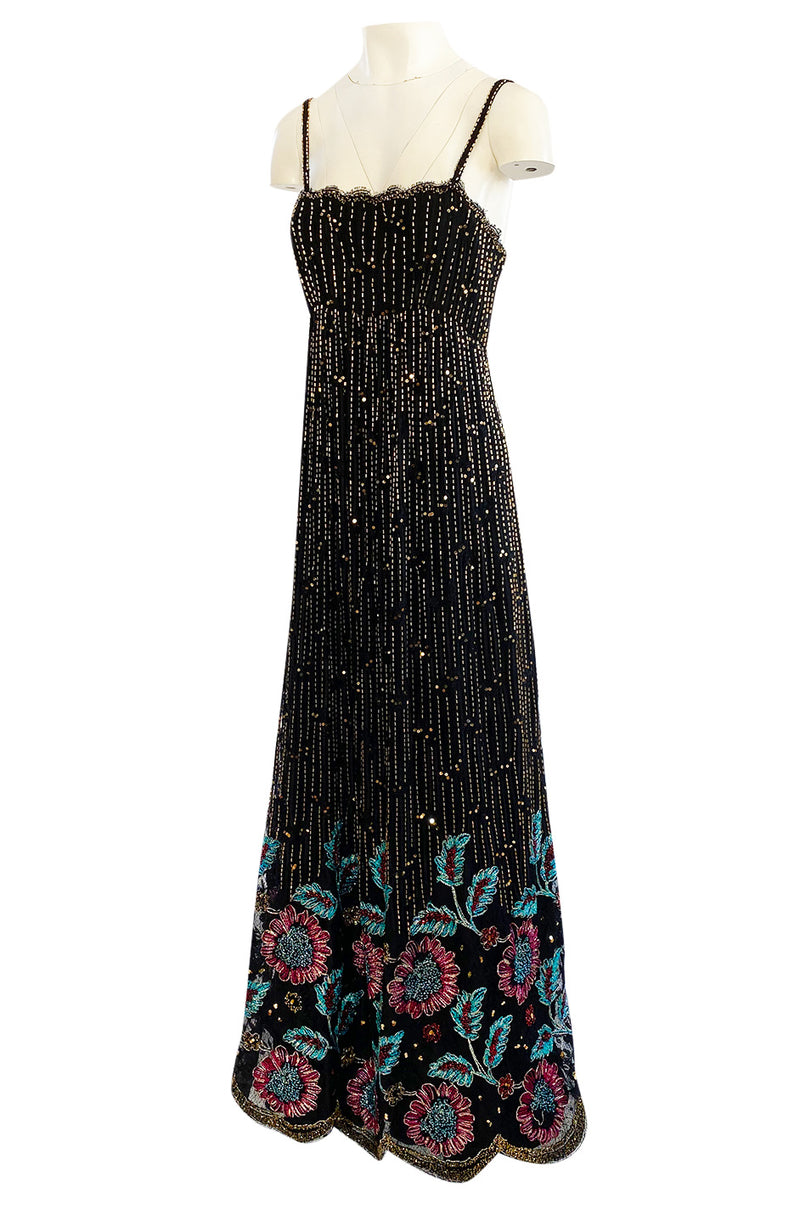 1970s Alfred Bosand Densely Beaded Sequinned & Embroidered Gold & Floral Dress