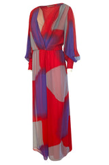 1970s Hanae Mori Full Sleeve Red & Purple Silk Chiffon Maxi Dress