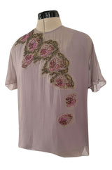Wonderful Upcycled Vintage Silk Chiffon Top in Lavender w Hand Applied 1920s Detailing