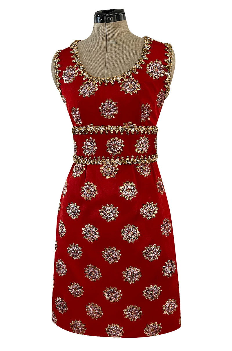 Exceptional Late 1960s Oscar de la Renta Red Silk Dress w Gold & Silver Detailing