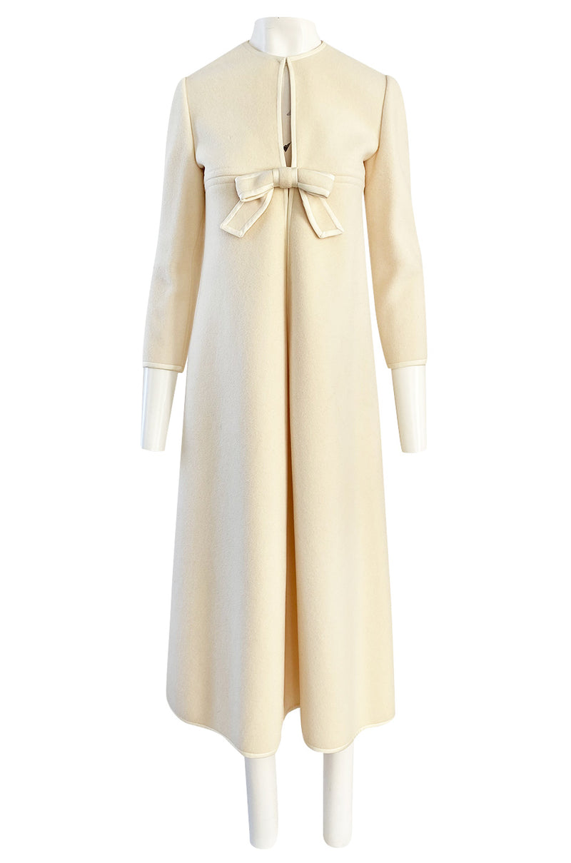 Late 1960s Pierre Cardin Ivory Wool Blanket Coat w Ribbon Edged Front Bow Detailing