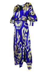 Recent Zazi Vintage Silk Ikat "Madhu" Bliue & Gold Caftan Dress