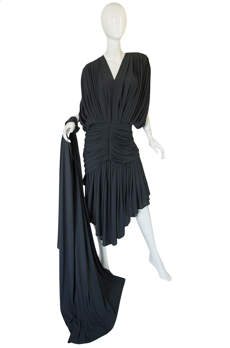 1980s Gray Norma Kamali Jersey Dress & Shawl Set