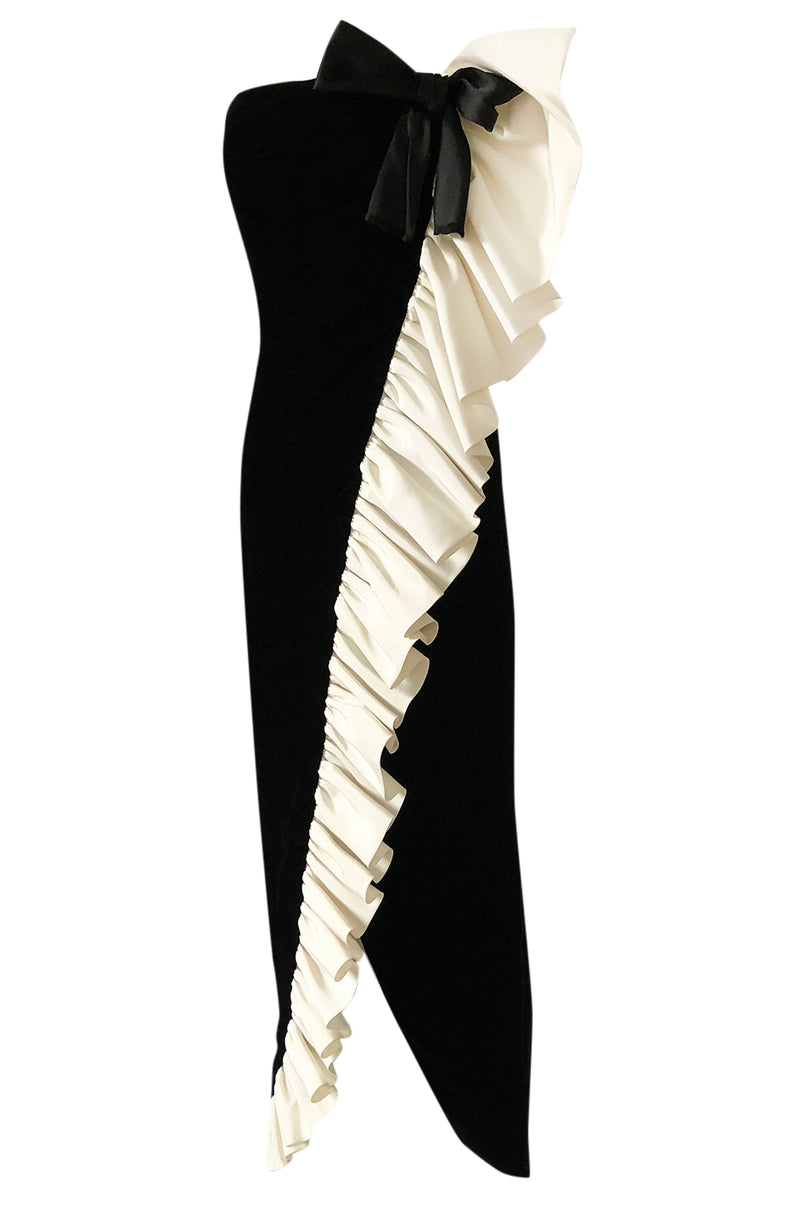 Spring 1980 Bill Blass Ivory Silk Ruffle on Ink Black Velvet Strapless Dress