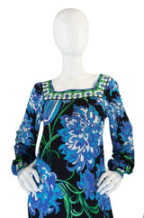 1970s Blue Print Silk Jersey Pucci Caftan Dress