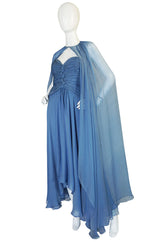 Spring 1990 Oscar de la Renta Ice Blue Silk Chiffon Dress & Cape