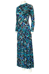 Gorgeous 1960s Emilio Pucci Blue Lattice Print Silk Jersey Maxi Dress