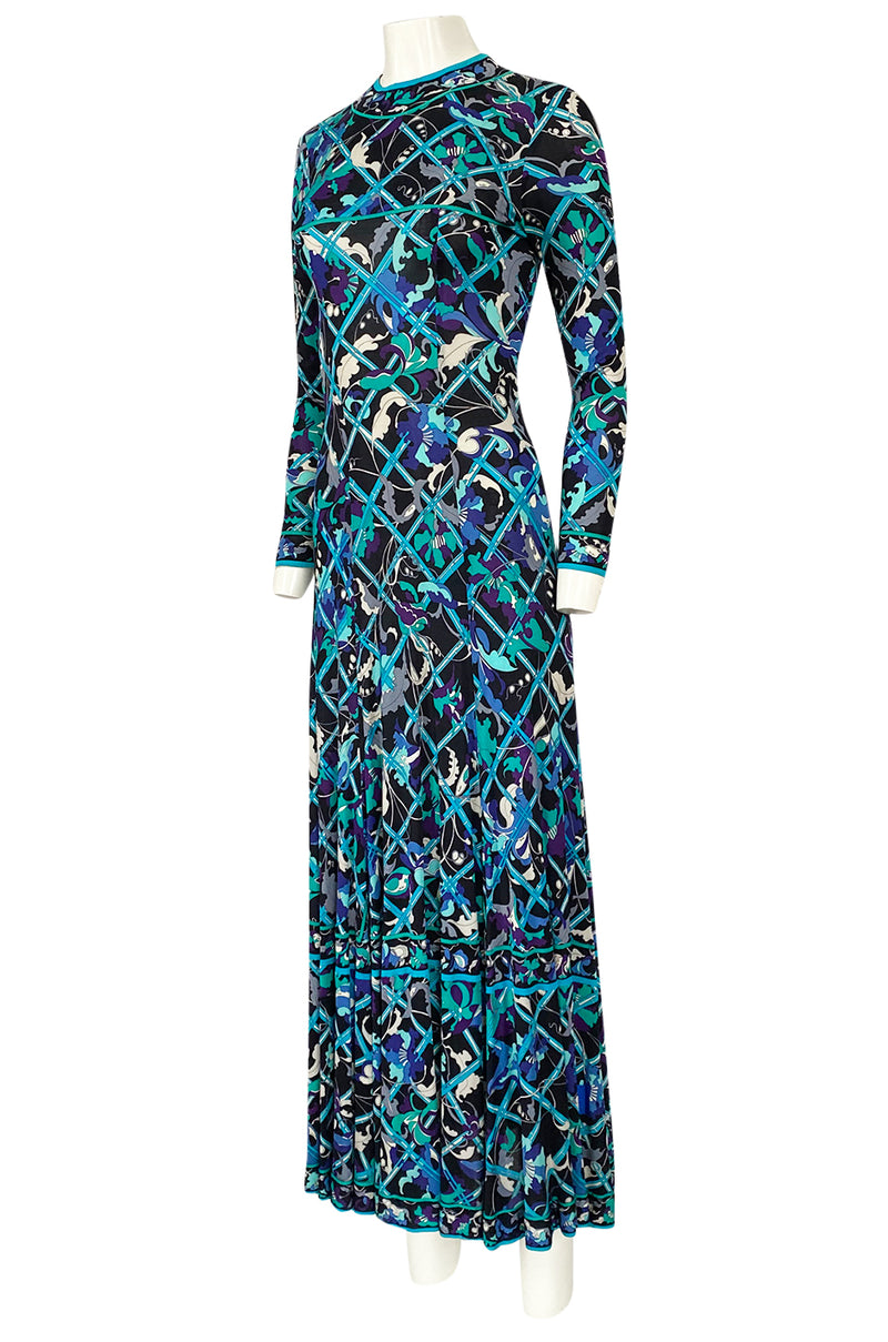 Gorgeous 1960s Emilio Pucci Blue Lattice Print Silk Jersey Maxi Dress
