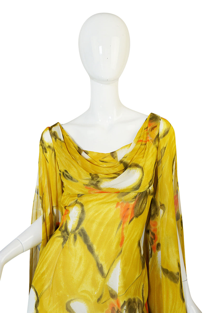 1960s Dramatic Silk Scarf Arm Lilli Diamond Floral Dress