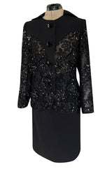 1980s Ady Couture Lausanne Transparent Lace & Sequin Jacket Suit w Black Pencil Skirt