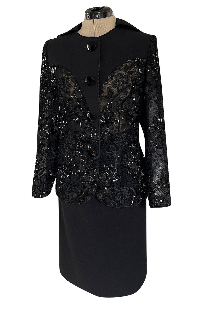 1980s Ady Couture Lausanne Transparent Lace & Sequin Jacket Suit w Black Pencil Skirt