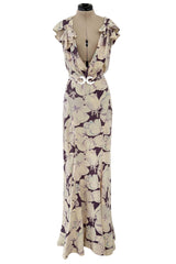 Rare Dated 1934 Bias Cut Soft Purple and Ivory Floral Print Silk Dress & Jacket w MOP Belt