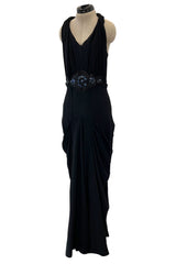 Avant Garde 1930s Black Moss Crepe Draped Halter Back Dress w Sequin Detailing