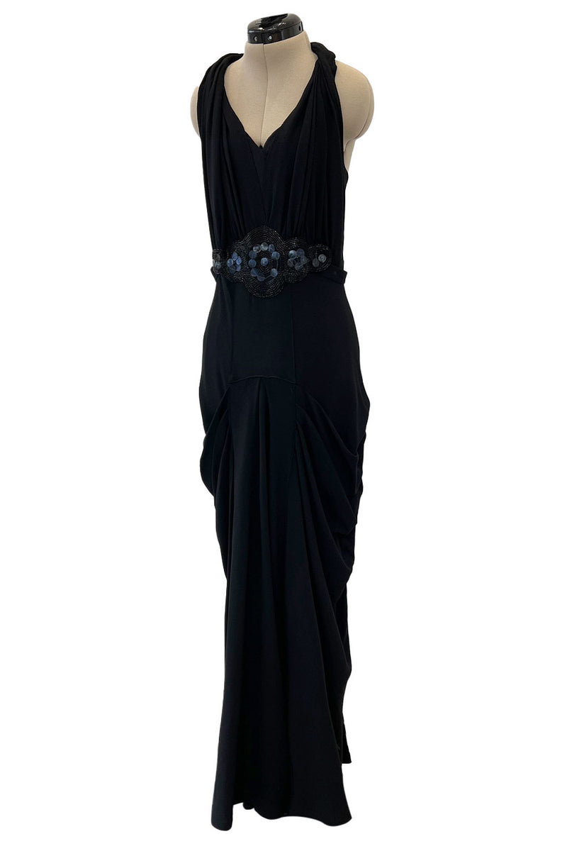 Avant Garde 1930s Black Moss Crepe Draped Halter Back Dress w Sequin D Shrimpton Couture Avant Garde 1930s Black Moss Crepe Draped Halter Back Dress w Sequin D Shrimpton Couture