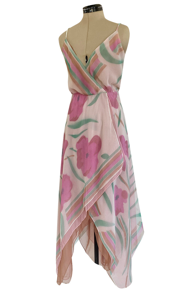 Pretty 1970s Multiple Layer Pink Floral Chiffon Wrap Dress w Asymmetrical Hem