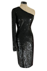 Early 2000s John Anthony Couture One Shoulder & Sleeve Densely Sequinned Glossy Black Dress