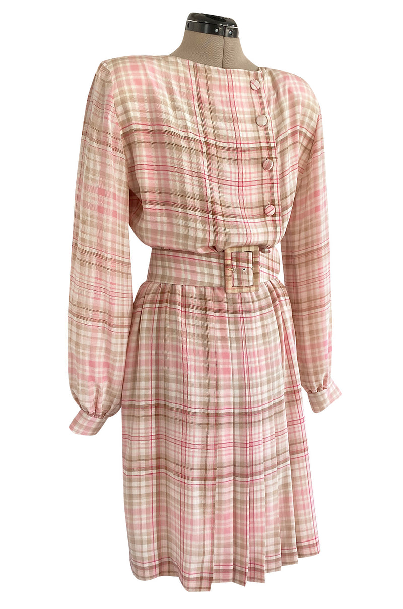 1980s Oscar De La Renta Pink Printed Belted Silk Dress & Boucle Coat w Silk Lining Set